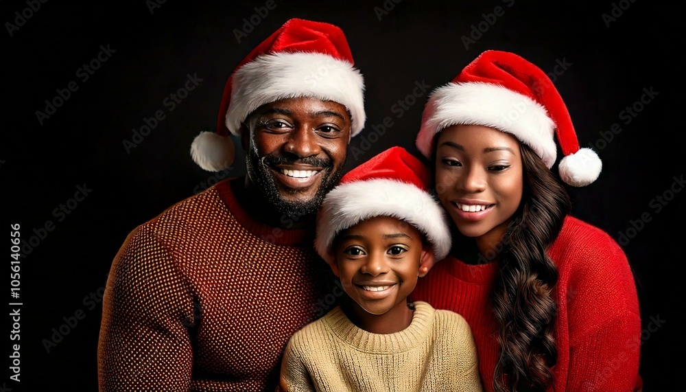Black family wearing Santa hats, with bearded husband , long-haired wife and son with black background Black family wearing Santa hats, with bearded husband , long-haired wife and son with black background