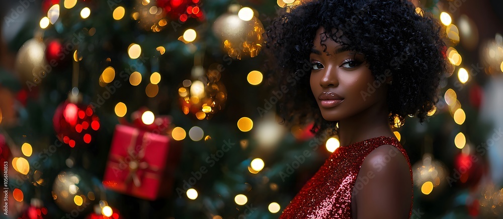 Young, beautiful and elegant woman, dressed in red dress, standing and posing in front of Christmas tree with lights in bokeh background Young, beautiful and elegant woman, dressed in red dress, standing and posing in front of Christmas tree with lights in bokeh background