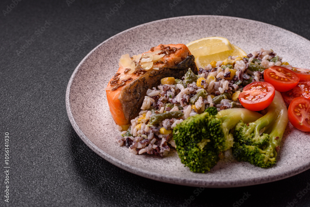 Grilled salmon with salt and spices, broccoli, tomatoes, rice Grilled salmon with salt and spices, broccoli, tomatoes, rice