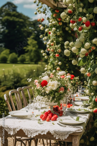 Country tablescape, formal dinner table setting, table scape with strawberry decoration for wedding party and holiday event celebration, post-processed, generative ai