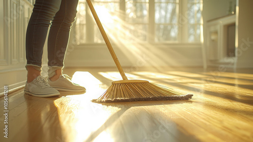 Person sweeping wooden floor in sunlit room during morning cleaning routine