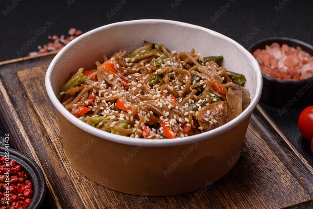 Buckwheat noodles with vegetables, salt and spices Buckwheat noodles with vegetables, salt and spices