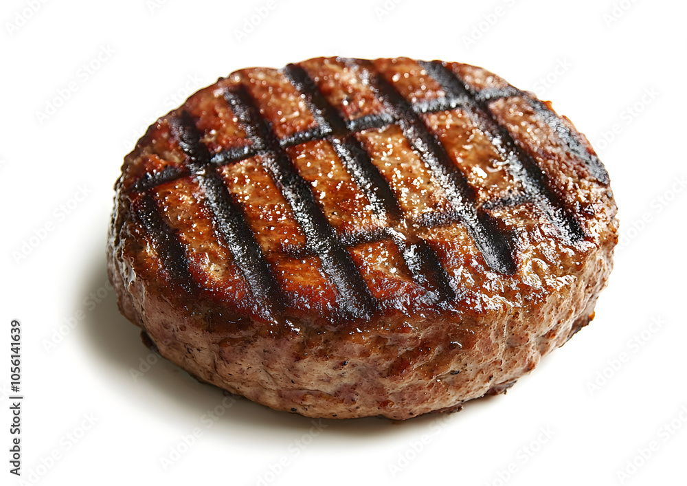A perfectly grilled hamburger patty isolated on a white background. A perfectly grilled hamburger patty isolated on a white background.