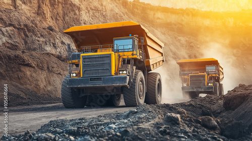 Mining Trucks in Quarry at Sunset: Two large yellow mining trucks driving through a quarry, with dust clouds and a warm sunset, symbolizing industry and heavy equipment. photo