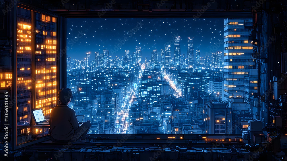 A person sits in a window overlooking a city skyline at night, using a laptop. A person sits in a window overlooking a city skyline at night, using a laptop.