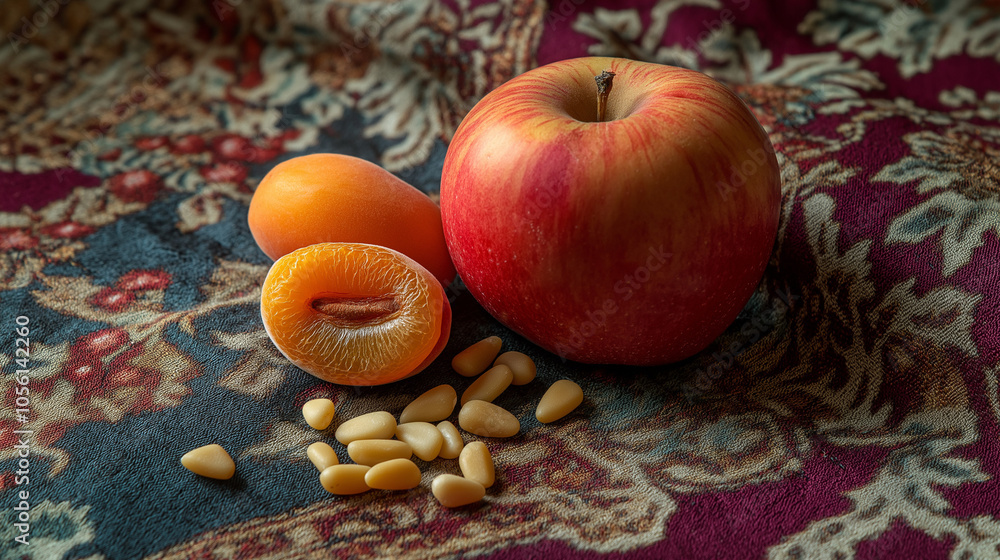 Red Apple with Dried Apricots and Pine Nuts on a Festive Holiday Tablecloth – A Cozy, Rustic Still Life Featuring Seasonal Fruit and Nuts, Perfect for Holiday Decor and Food Styling Red Apple with Dried Apricots and Pine Nuts on a Festive Holiday Tablecloth – A Cozy, Rustic Still Life Featuring Seasonal Fruit and Nuts, Perfect for Holiday Decor and Food Styling