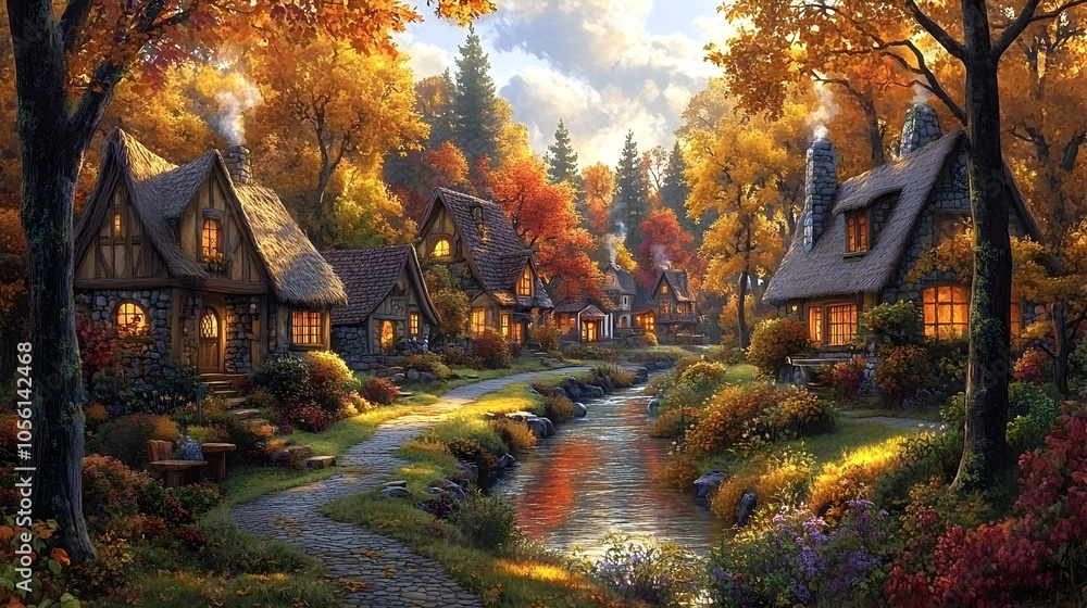 A quaint village nestled in a forest with colorful autumn foliage, a winding stream, and charming cottages with smoke rising from their chimneys. A quaint village nestled in a forest with colorful autumn foliage, a winding stream, and charming cottages with smoke rising from their chimneys.