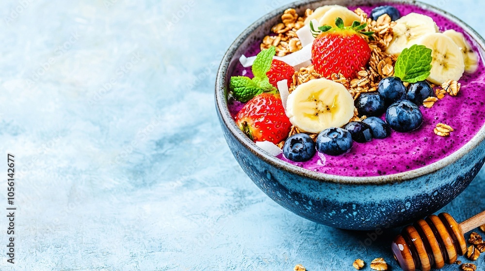 A bowl of fruit & granola on a blue tablecloth with a honeycomb & wooden spoon A bowl of fruit & granola on a blue tablecloth with a honeycomb & wooden spoon