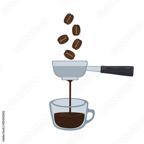 Set of vector illustrations making fresh coffee drinks Roasted and ground, fragrant Tamper mixes hot water into a cup Isolated on white background. For designing food and drink menus, coffee shops