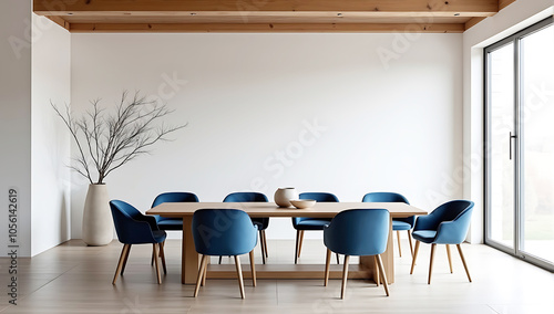 Home living room interior with dining zone, Mockup wall, wooden table, blue velvet chairs, contemporary chandelie photo