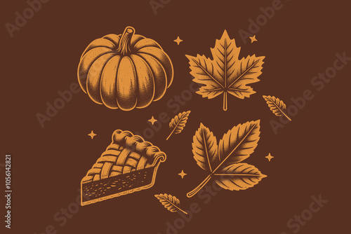Autumn pumpkin pie set. Vintage engraving vector hand drawn illustration. Icon, logo, print, pattern