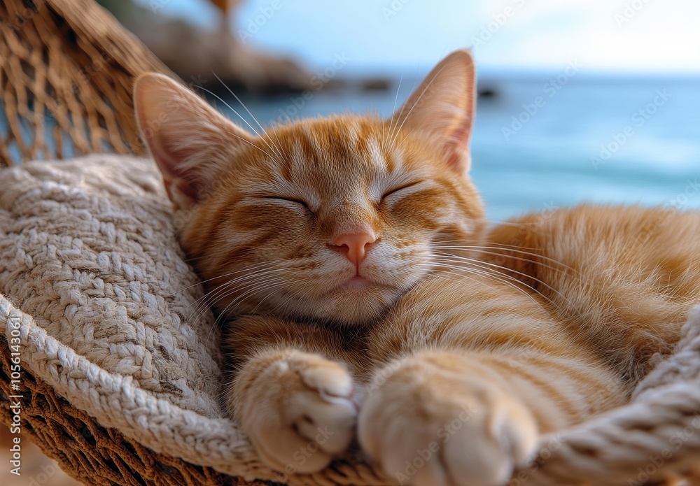 Cute Ginger Cat Sleeping in Hammock on the Beach
Cute Ginger Cat Sleeping in Hammock on the Beach