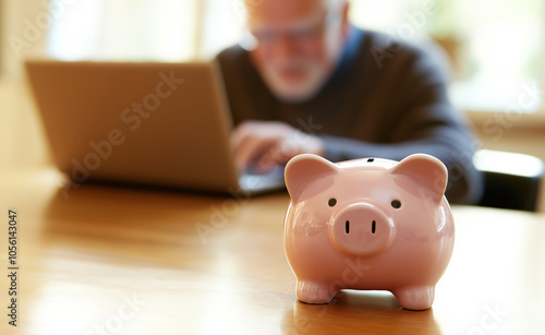 Piggy Bank with Senior Using Laptop in Background: A pink piggy bank placed in the foreground with an older adult using a laptop in the background, symbolizing online savings and financial planning.