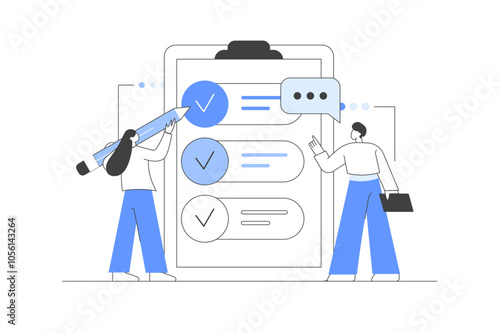 Filling online survey form on gadgets, to do list paper note. Online survey. Customer service and user experience concept. Vector Illustration, icon. Stylish, Minimalist line, abstract