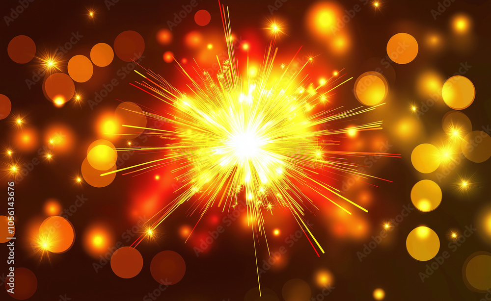 Fototapeta premium Golden Firework Explosion with Bokeh Background: A bright, golden firework burst against a dark background with warm bokeh lights, creating a festive and celebratory mood.