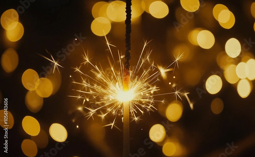 Golden Firework Explosion with Bokeh Background: A bright, golden firework burst against a dark background with warm bokeh lights, creating a festive and celebratory mood. photo