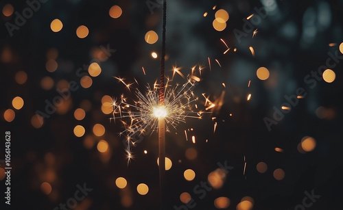 Golden Firework Explosion with Bokeh Background: A bright, golden firework burst against a dark background with warm bokeh lights, creating a festive and celebratory mood. photo