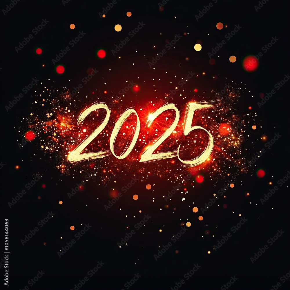 Golden 2025 text on an abstract festive background in red colors with glowing bokeh lights Golden 2025 text on an abstract festive background in red colors with glowing bokeh lights