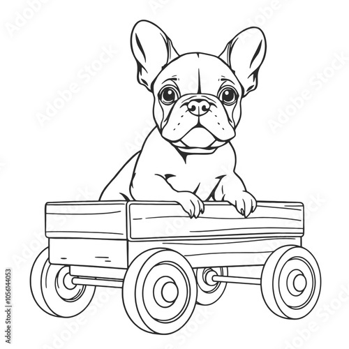 a black and white line drawing of a French Bulldog puppy sitting in a toy wagon