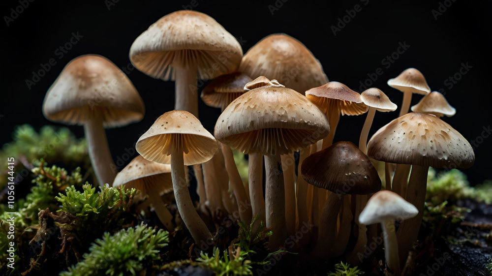 Cluster of Mushrooms Growing in a Dark Forest Setting Cluster of Mushrooms Growing in a Dark Forest Setting
