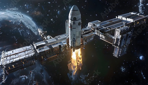 Fototapeta Naklejka Na Ścianę i Meble -  Rocket Successfully Landing on a Space Station