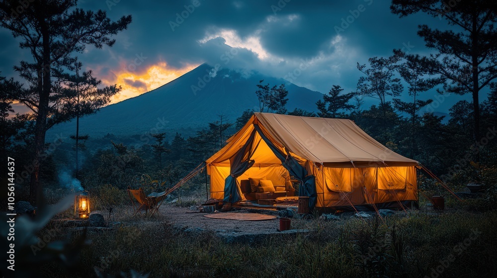 A lit up tent with a mountain in the background. A lit up tent with a mountain in the background.