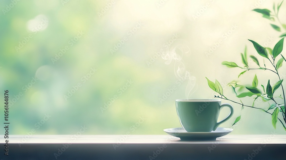 A cup and saucer rest atop a window sill, while a lush plant resides behind A cup and saucer rest atop a window sill, while a lush plant resides behind