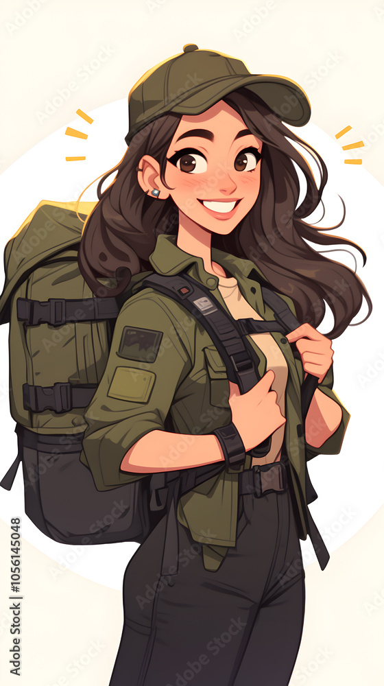 A smiling young woman wearing a green jacket and cap, carrying a backpack. A smiling young woman wearing a green jacket and cap, carrying a backpack.