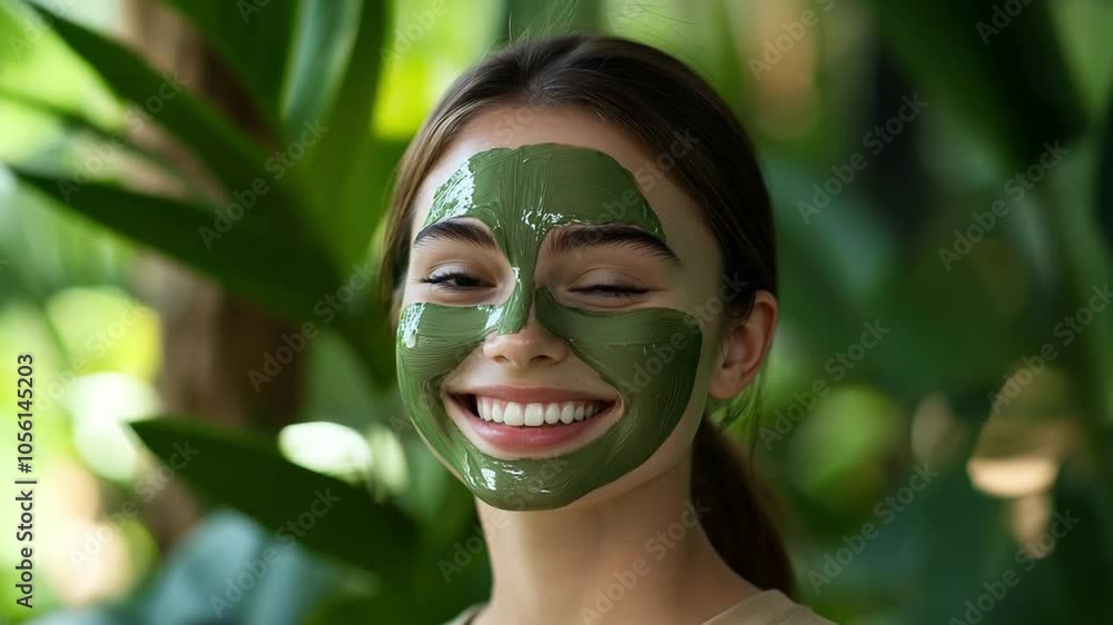Young woman enjoying a green clay face mask in a tropical garden during the afternoon Young woman enjoying a green clay face mask in a tropical garden during the afternoon
