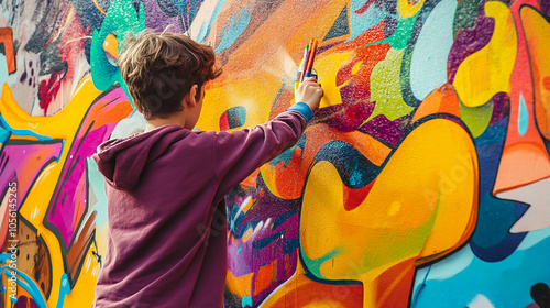 A young artist adds vibrant colors to a graffiti wall in a city