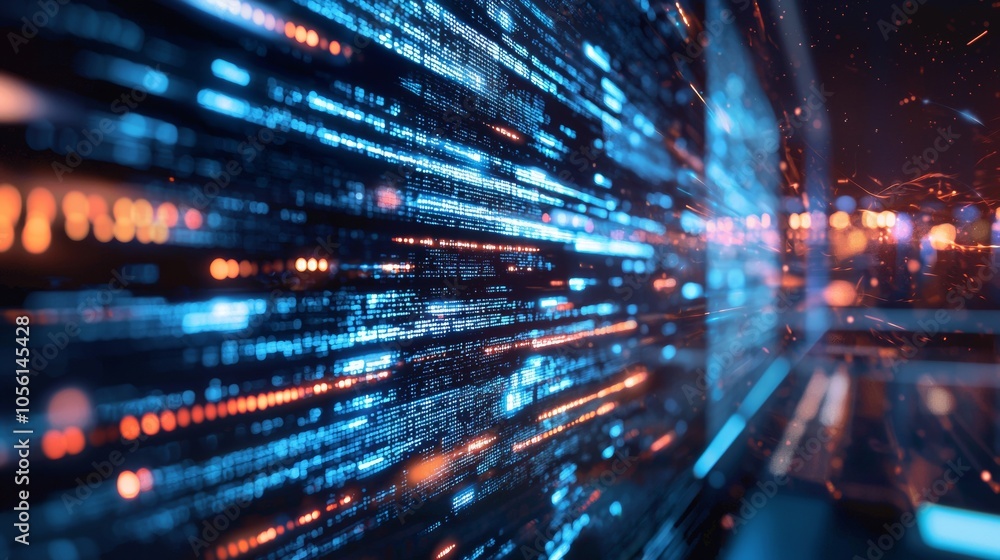 Futuristic Digital Data Flow Abstract Background featuring Dynamic Blue and Orange Lighting Effects and Patterns Futuristic Digital Data Flow Abstract Background featuring Dynamic Blue and Orange Lighting Effects and Patterns