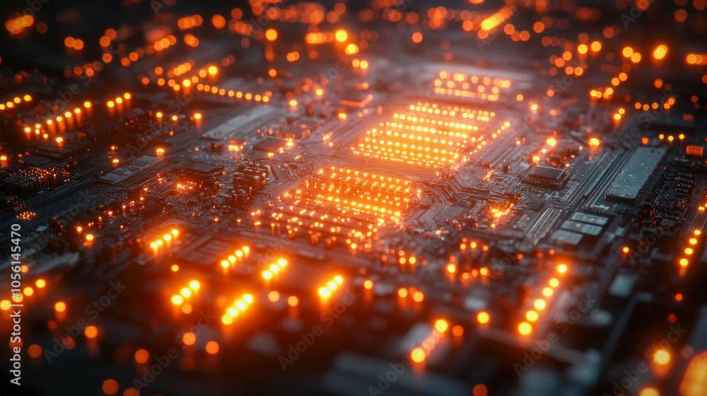 Artistic abstract close-up of a circuit board with glowing orange lines, representing digital pathways and technological connectivity Artistic abstract close-up of a circuit board with glowing orange lines, representing digital pathways and technological connectivity