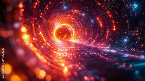 A digital data flow tunnel with bright colors, symbolizing fast data transfer, big data, and futuristic technology