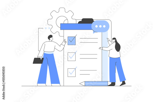 Characters Filling online survey form on gadgets, to do list paper note. Online survey. Customer service and user experience concept. Vector Illustration, icon. Stylish, Minimalist line, abstract photo