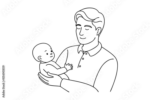 Heartwarming Line Drawing of Father Holding Newborn Baby