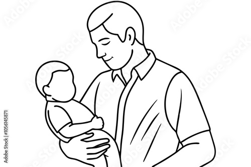 Heartwarming Line Drawing of Father Holding Newborn Baby