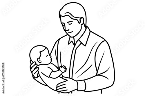 Heartwarming Line Drawing of Father Holding Newborn Baby