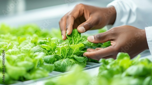 Close-up of hands inspecting fresh lettuce in a greenhouse setting, showcasing healthy organic farming practices.