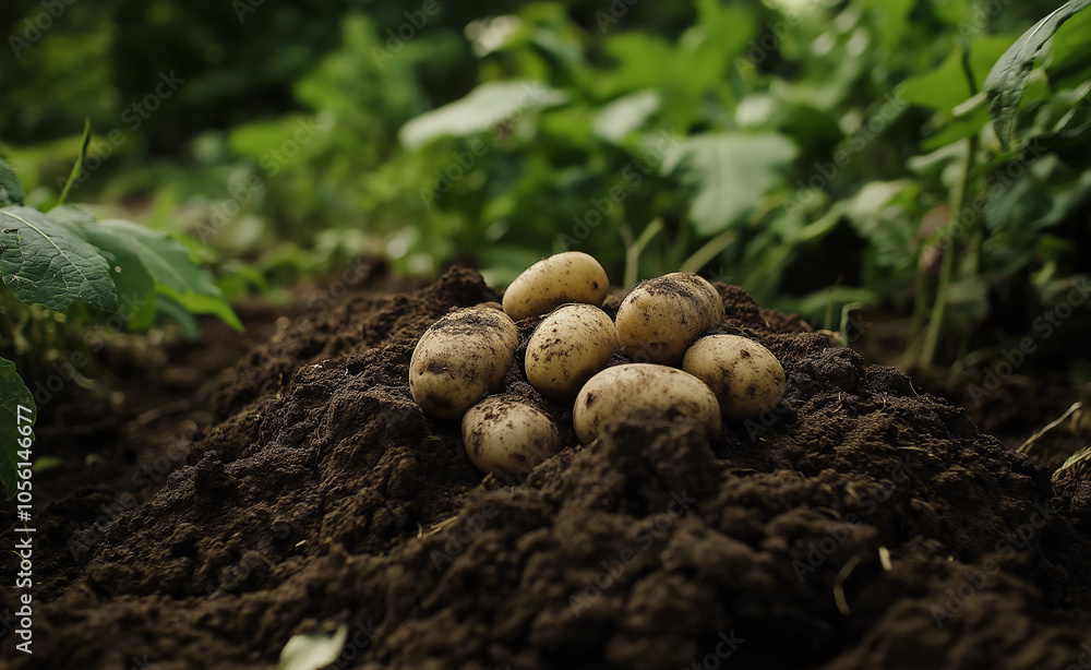 Freshly Harvested Potatoes on Soil: A close-up of freshly dug potatoes placed on rich, dark soil in a green, outdoor garden setting. Freshly Harvested Potatoes on Soil: A close-up of freshly dug potatoes placed on rich, dark soil in a green, outdoor garden setting.