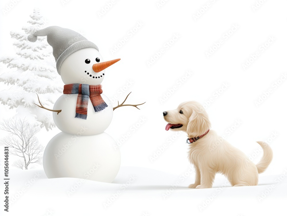 Joyful Golden Retriever Puppy Playing with a Snowman on a Snowy Winter Day Joyful Golden Retriever Puppy Playing with a Snowman on a Snowy Winter Day