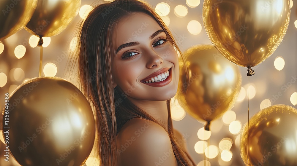 Naklejka premium Smiling Woman with Golden Balloons and Lights