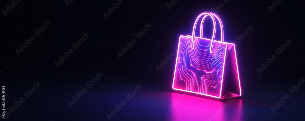 Futuristic neon modern gift shopping bag with tech circuit board on black background. Cyber Monday, Black Friday sale. Online shopping and sale. Template with copy space for holiday poster, banner Futuristic neon modern gift shopping bag with tech circuit board on black background. Cyber Monday, Black Friday sale. Online shopping and sale. Template with copy space for holiday poster, banner