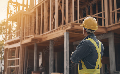 Smiling Construction Worker on Site: Portrait of a confident, smiling construction worker wearing a hard hat and arms crossed on a building site.