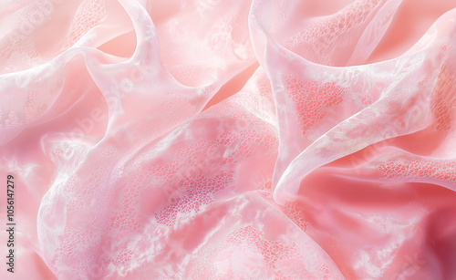 Soft Pink Fabric Texture: Close-up of light, sheer pink fabric with delicate folds and a soft, flowing texture.