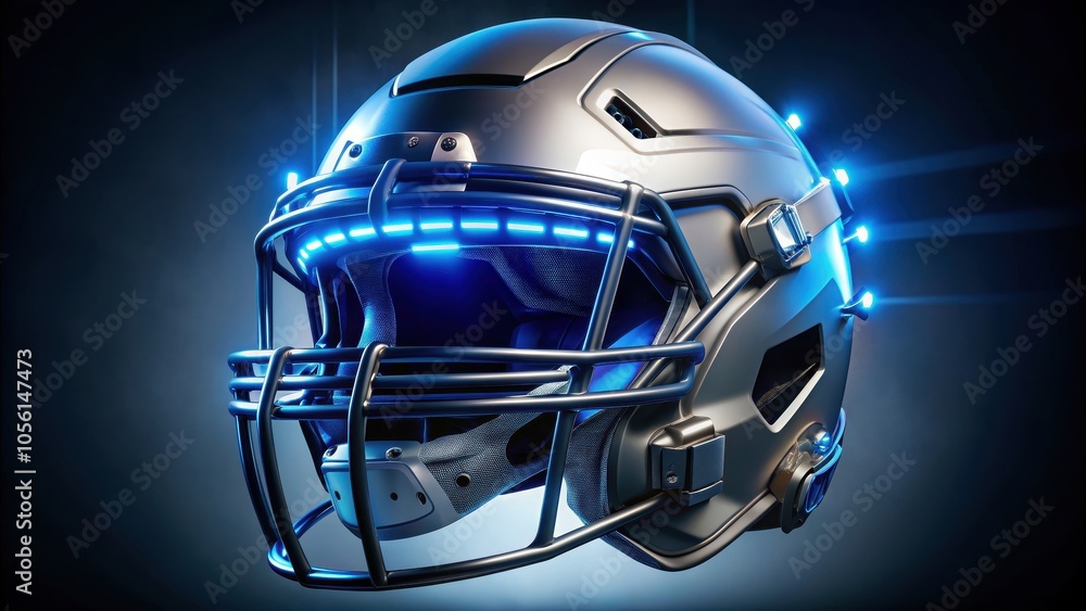 Naklejka premium Futuristic high-tech American football helmet with built-in sensors and LED display , advanced, innovation, technology
