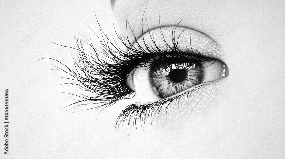 An illustration of an individual's eye featuring extended eyelashes and a watery iris within the pupil An illustration of an individual's eye featuring extended eyelashes and a watery iris within the pupil