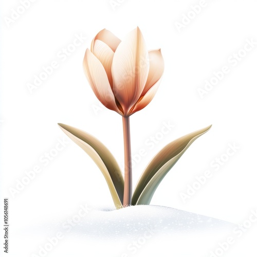 Elegant Tulip Blossom Emerging Through Snow with Graceful Petals and Delicate Leaves
