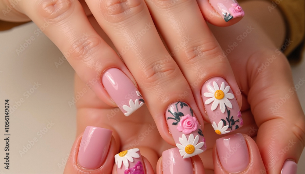 Floral Pink Nail Design with Daisies and Roses for Mother’s Day Floral Pink Nail Design with Daisies and Roses for Mother’s Day