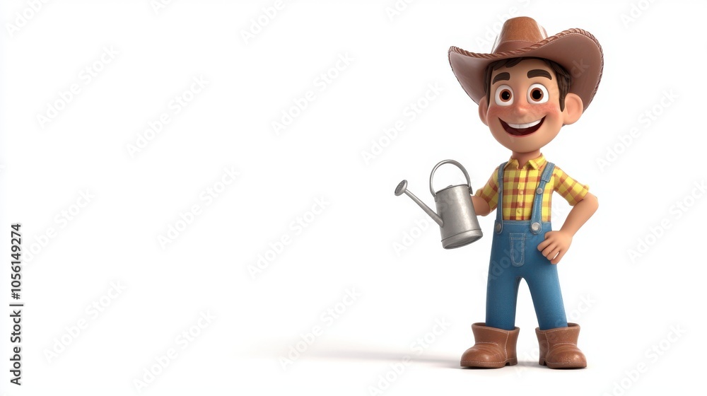A 3D cartoon farmer happily holding a watering can, with a bright smile, A 3D cartoon farmer happily holding a watering can, with a bright smile,