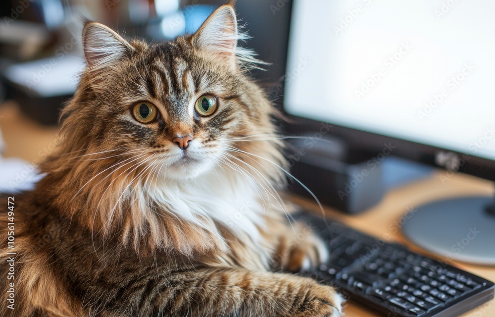On a wood table and white wall background, a blank screen desktop computer and decorations with cat animals are mocked up. On a wood table and white wall background, a blank screen desktop computer and decorations with cat animals are mocked up.